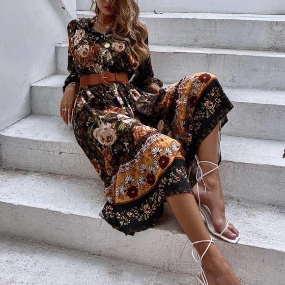 boho floral print button down long sleeve dress - Picture 4 of 7